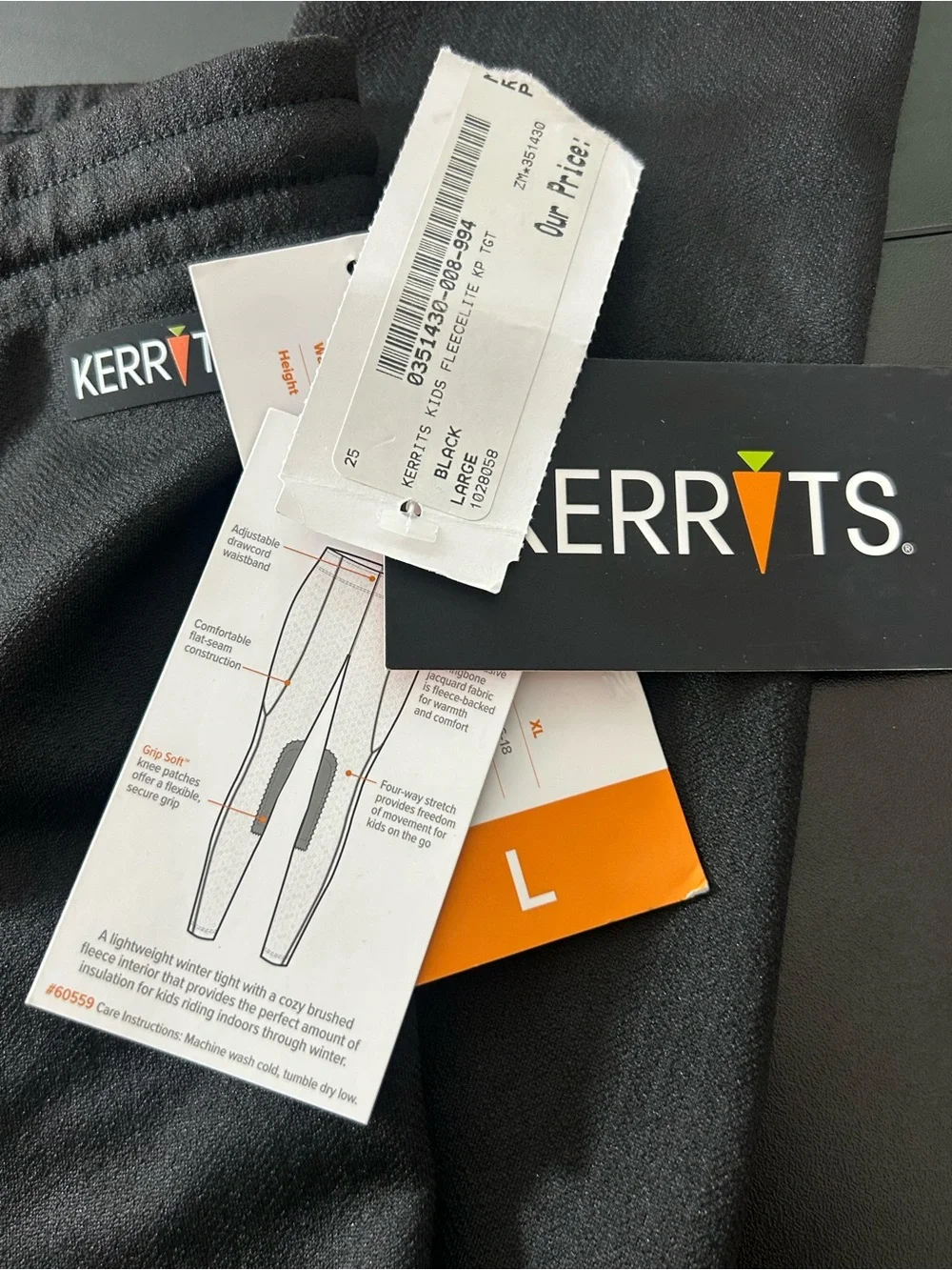 Kerrits Kids Fleece Lite II Knee Patch Tight Black NWT Riding Pants Sz Large